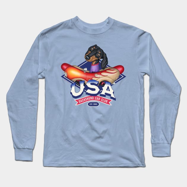 Doxie red white and blue USA Dachshund fun Car Club classic Long Sleeve T-Shirt by Danny Gordon Art